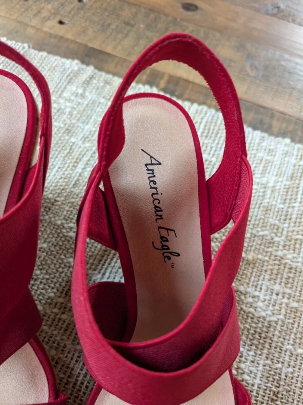 american eagle red elastic strap suede cross front cork wedges #544